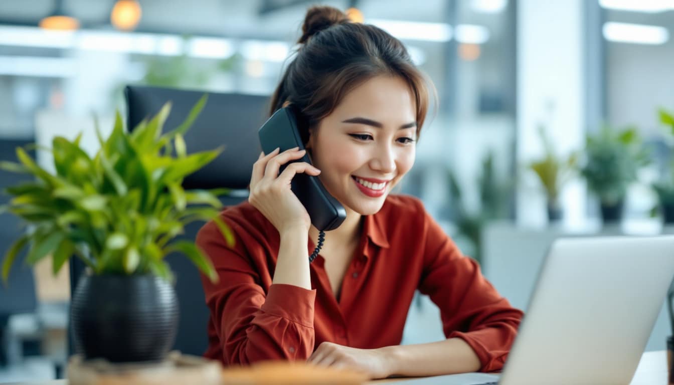 one singapre office lady making a call in office. face visible and pretty. using handphone. front facing.